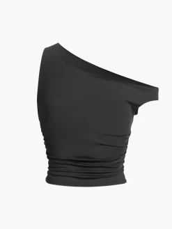 Solid One-Shoulder Sleeveless Short Top T-shirts|Tops