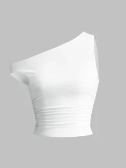 Solid One-Shoulder Sleeveless Short Top T-shirts|Tops