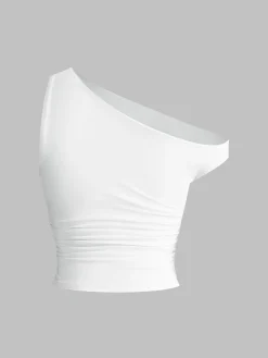 Solid One-Shoulder Sleeveless Short Top T-shirts|Tops