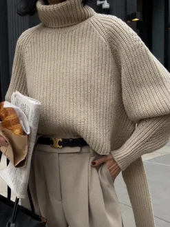 Best Solid Oversized Ribbed Knit High Neck Sweater Sweater Tops|Sweaters & Cardigans