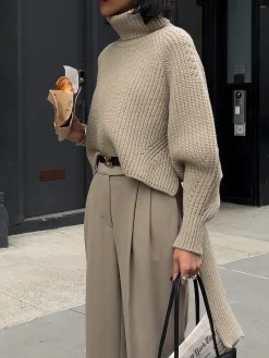 Best Solid Oversized Ribbed Knit High Neck Sweater Sweater Tops|Sweaters & Cardigans