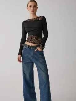 Solid Patchwork Lace Long Sleeve Top T-shirts|Tops
