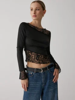 Solid Patchwork Lace Long Sleeve Top T-shirts|Tops