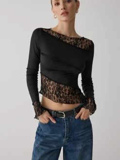 Solid Patchwork Lace Long Sleeve Top T-shirts|Tops