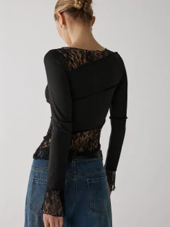 Solid Patchwork Lace Long Sleeve Top T-shirts|Tops