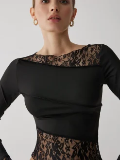 Solid Patchwork Lace Long Sleeve Top T-shirts|Tops