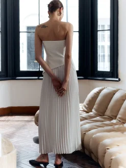 New Solid Pleated Strapless Split Dress White Dresses|Casual Dresses