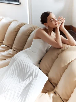 New Solid Pleated Strapless Split Dress White Dresses|Casual Dresses