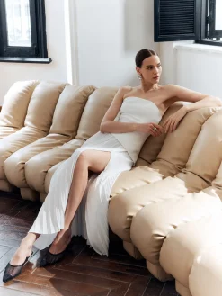 New Solid Pleated Strapless Split Dress White Dresses|Casual Dresses