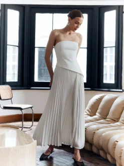 New Solid Pleated Strapless Split Dress White Dresses|Casual Dresses