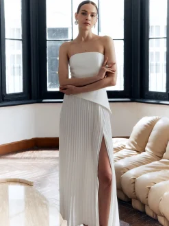 New Solid Pleated Strapless Split Dress White Dresses|Casual Dresses