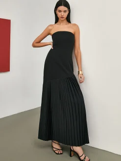 Outlet Solid Pleated Tube Long Dress Black Dresses|Casual Dresses