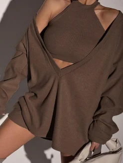 Solid Ribbed Knit Sweatshirt with Vest Sweatshirts & Hoodies|Vests