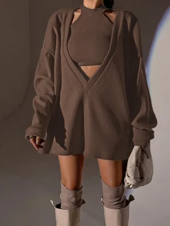 Solid Ribbed Knit Sweatshirt with Vest Sweatshirts & Hoodies|Vests