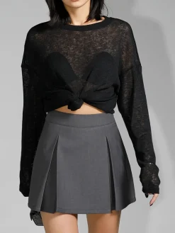 Clearance Solid Sheer Long Sleeve Top T-shirts|Tops