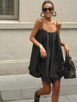 Best Solid Sleeveless Balloon Cami Dress Black Dresses|Casual Dresses
