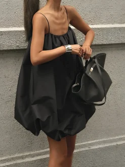 Best Solid Sleeveless Balloon Cami Dress Black Dresses|Casual Dresses