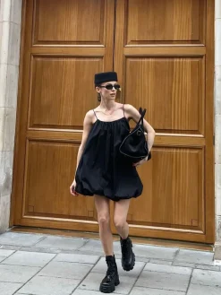 Best Solid Sleeveless Balloon Cami Dress Black Dresses|Casual Dresses