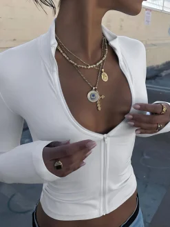New Solid Snug Zipper Detail Long Sleeve Blouse Blouses & Shirts|Tops