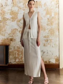 Best Solid Split Front Tie Skirt Set Skirt Sets|Long Sleeve Sets