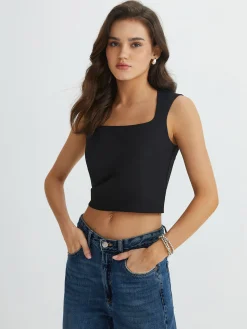 New Solid Square Neck Pleated Tank Top Tank Tops & Camis|Tops