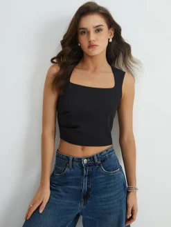 New Solid Square Neck Pleated Tank Top Tank Tops & Camis|Tops