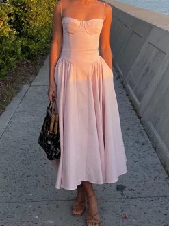 Hot Solid Sweetheart Neckline Cami Midi Dress Casual Dresses|Cocktail & Party Dresses
