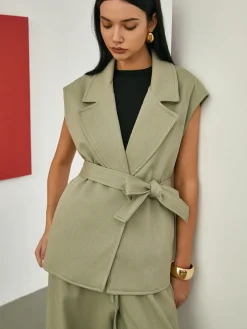Online Solid Tailored Belted Vest Outerwear|Vests