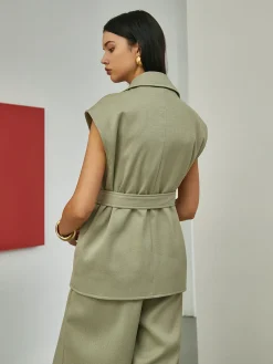 Online Solid Tailored Belted Vest Outerwear|Vests