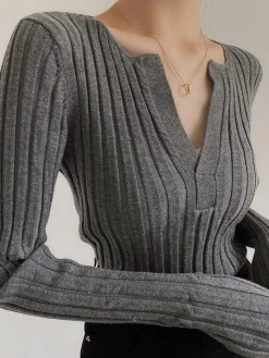 Outlet Solid Textured V-neck Knit Top Sweater Tops|Sweaters & Cardigans