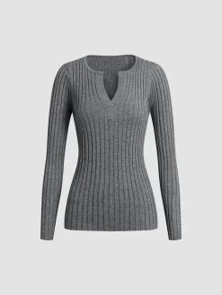 Outlet Solid Textured V-neck Knit Top Sweater Tops|Sweaters & Cardigans