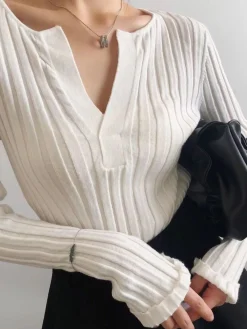 Outlet Solid Textured V-neck Knit Top Sweater Tops|Sweaters & Cardigans