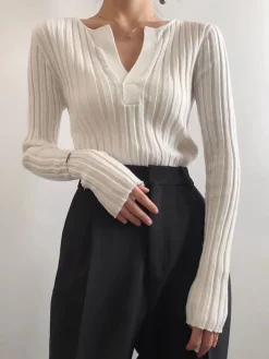 Outlet Solid Textured V-neck Knit Top Sweater Tops|Sweaters & Cardigans
