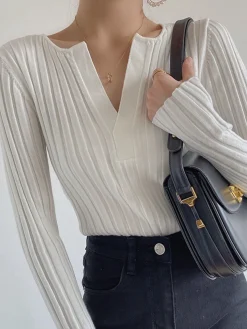 Outlet Solid Textured V-neck Knit Top Sweater Tops|Sweaters & Cardigans
