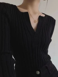 Outlet Solid Textured V-neck Knit Top Sweater Tops|Sweaters & Cardigans