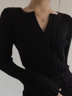 Outlet Solid Textured V-neck Knit Top Sweater Tops|Sweaters & Cardigans