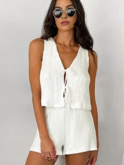 Best Solid Tie Front Vest With Shorts Set Shorts Sets|Shorts