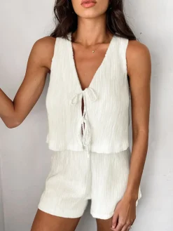 Best Solid Tie Front Vest With Shorts Set Shorts Sets|Shorts