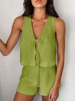 Best Solid Tie Front Vest With Shorts Set Shorts Sets|Shorts