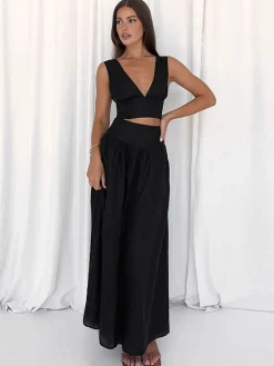 New Solid Tie Knot V Neck Skirt Set Skirt Sets|Long Sleeve Sets