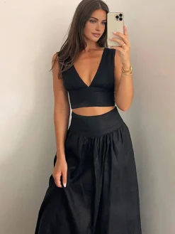 New Solid Tie Knot V Neck Skirt Set Skirt Sets|Long Sleeve Sets