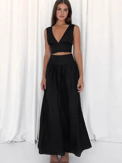 New Solid Tie Knot V Neck Skirt Set Skirt Sets|Long Sleeve Sets