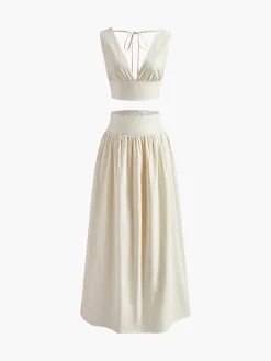 New Solid Tie Knot V Neck Skirt Set Skirt Sets|Long Sleeve Sets