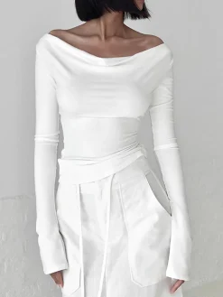 Online Solid Tied Open Back Long Sleeve Slinky Top T-shirts|Tops