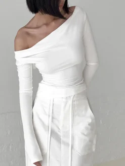 Online Solid Tied Open Back Long Sleeve Slinky Top T-shirts|Tops