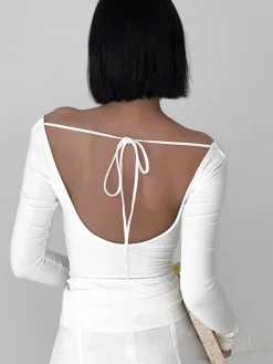 Online Solid Tied Open Back Long Sleeve Slinky Top T-shirts|Tops
