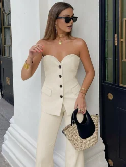 Sale Solid Tube Top With Wide Leg Pants Set Pants Sets|Wide Leg