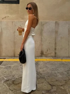 Sale Solid V-Neck Backless Tie Up Halter & Split Maxi Skirt Set Skirt Sets|Long Sleeve Sets