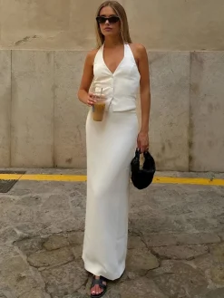 Sale Solid V-Neck Backless Tie Up Halter & Split Maxi Skirt Set Skirt Sets|Long Sleeve Sets