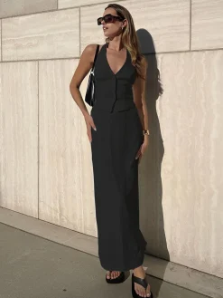 Sale Solid V-Neck Backless Tie Up Halter & Split Maxi Skirt Set Skirt Sets|Long Sleeve Sets